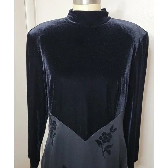 VTG Coldwater Creek LS Black Velvet Burnout Modest Formal Maxi Dress Holiday  16